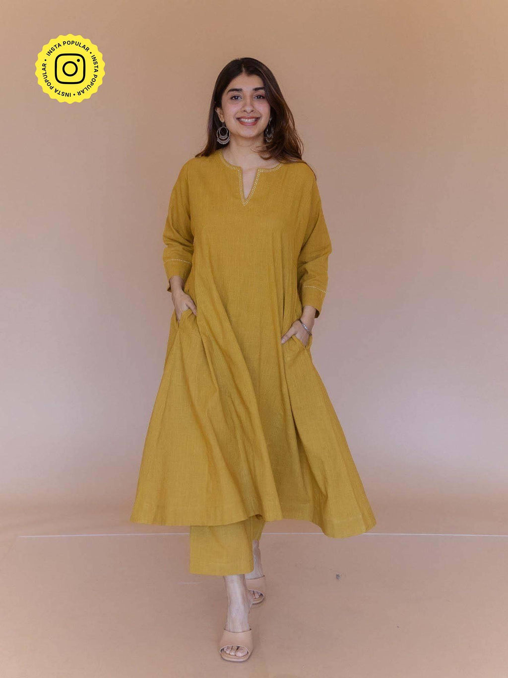 Nyra Yellow Solid Slub Cotton Jhabbha Kali Kurta with Hand Embroidery | FY93 - view 1