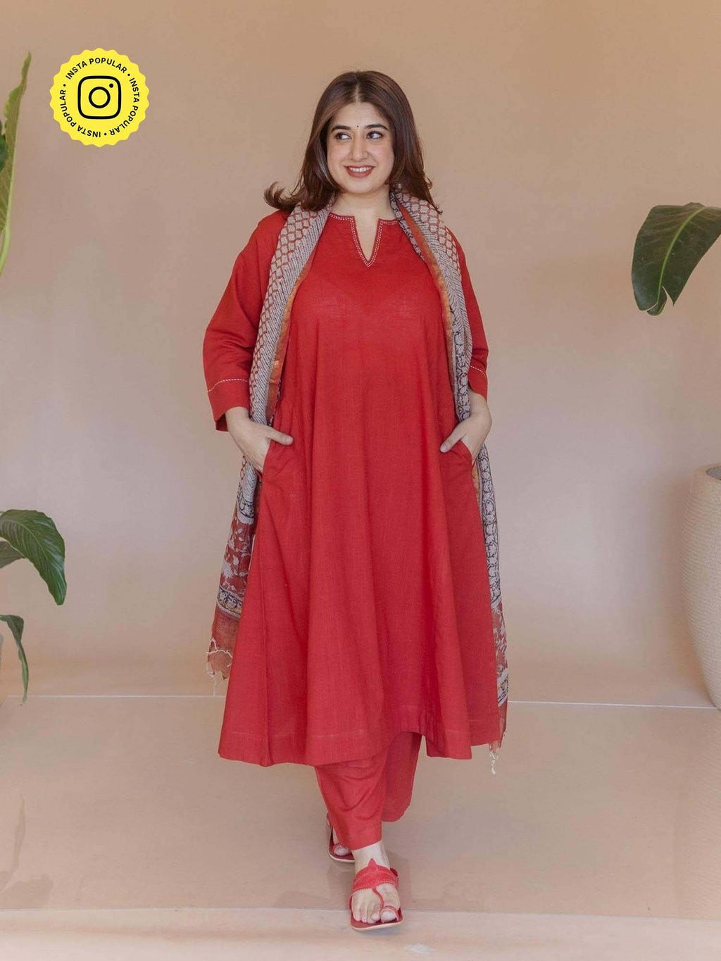 Nyra Red Solid Slub Cotton Jhabbha Kali Kurta with Hand Embroidery | KDG - view 1