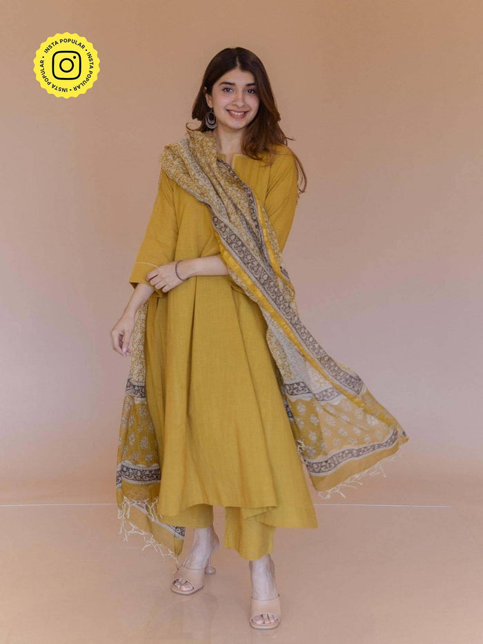 Nyra Yellow Solid Slub Cotton Jhabbha Kali Kurta With Hand Embroidery | KDG - view 1