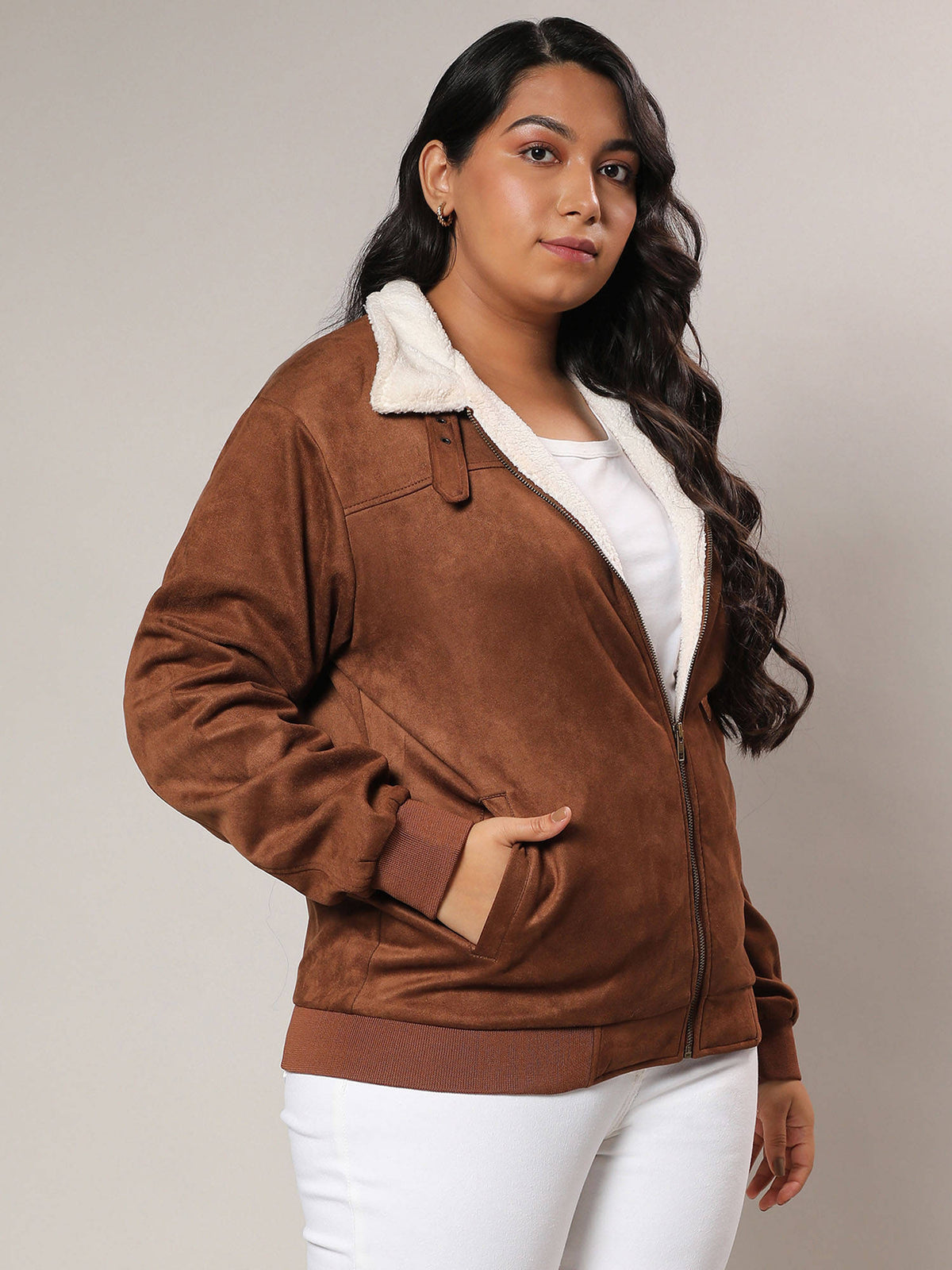 Womens Brown Fleece Lined Biker Jacket | JC78 - view 1