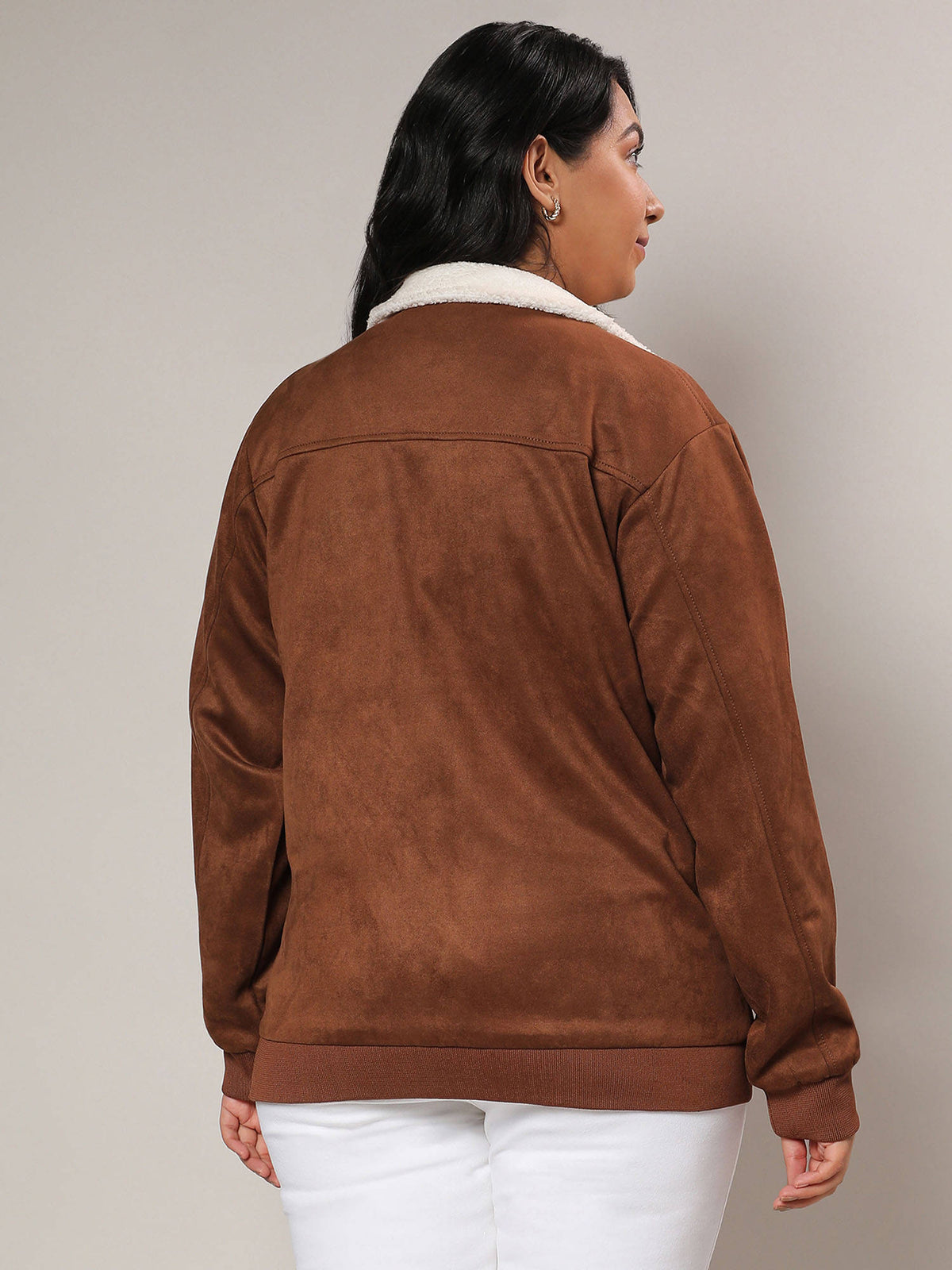 Womens Brown Fleece Lined Biker Jacket | JC78 - view 3
