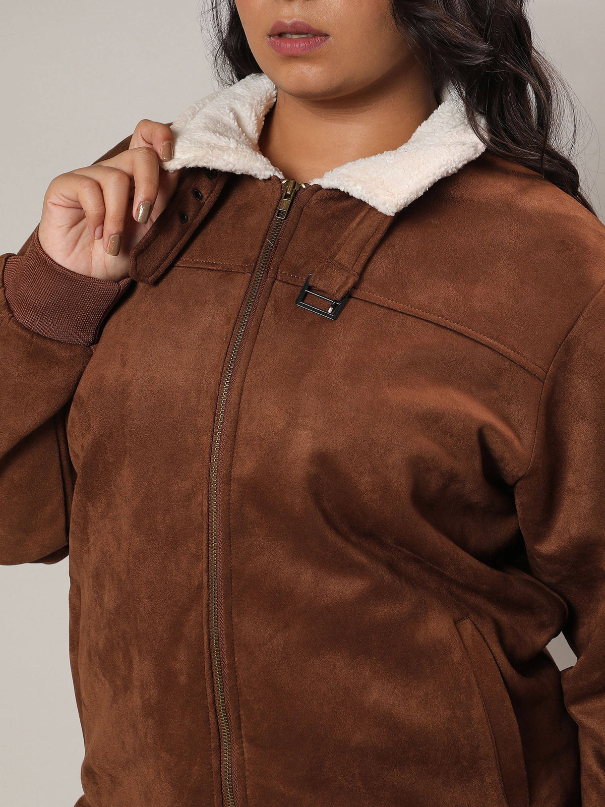 Womens Brown Fleece Lined Biker Jacket | JC78 - view 5