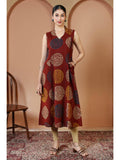 Maroon Printed Cotton A-Line Sleeveless V-Neck Kurta | U3S - view 1