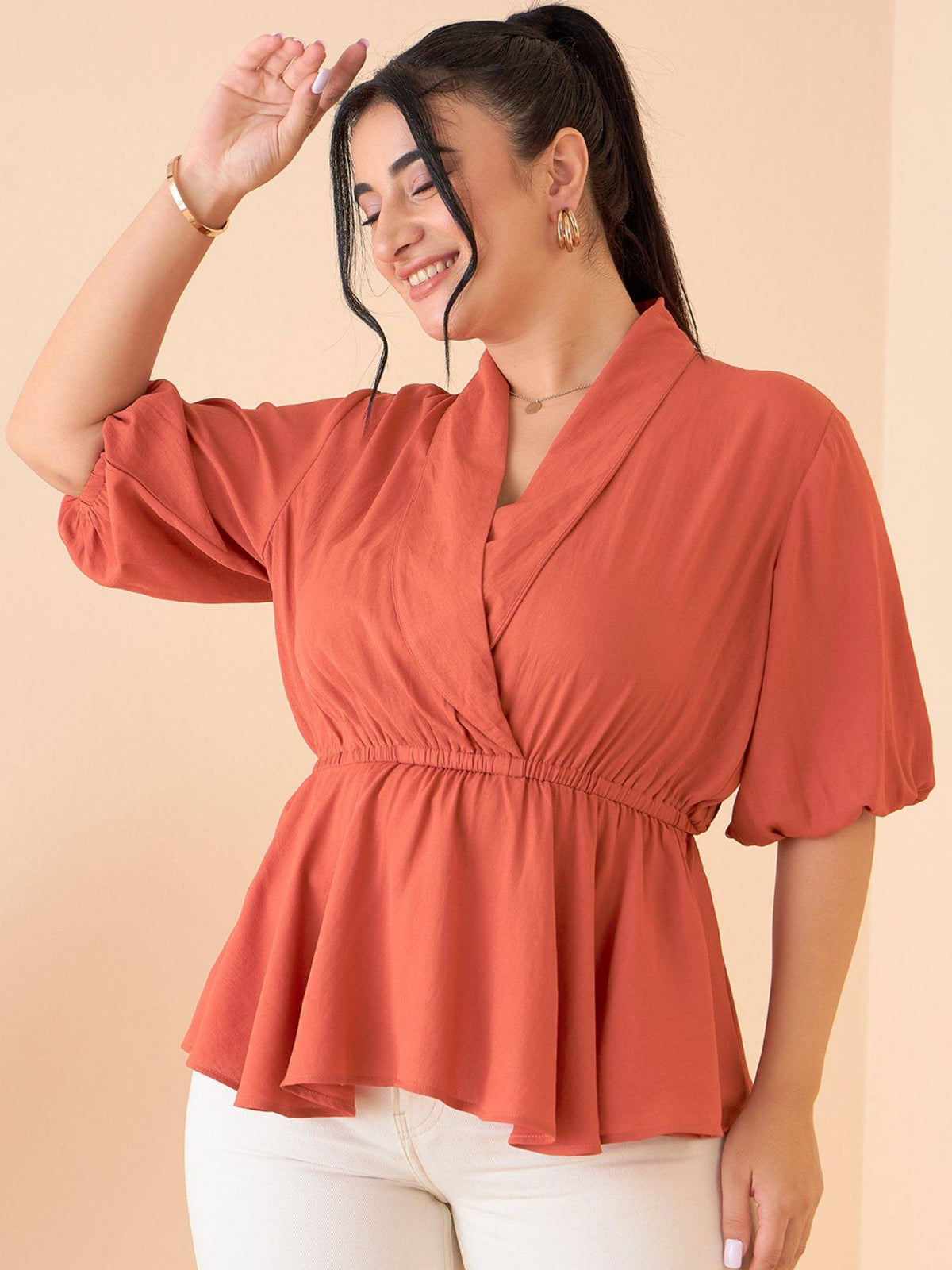 CURVE BY KASSUALLY Women Teal Shawl Collar Front Wrap Peplum Top | pt51 - view 7