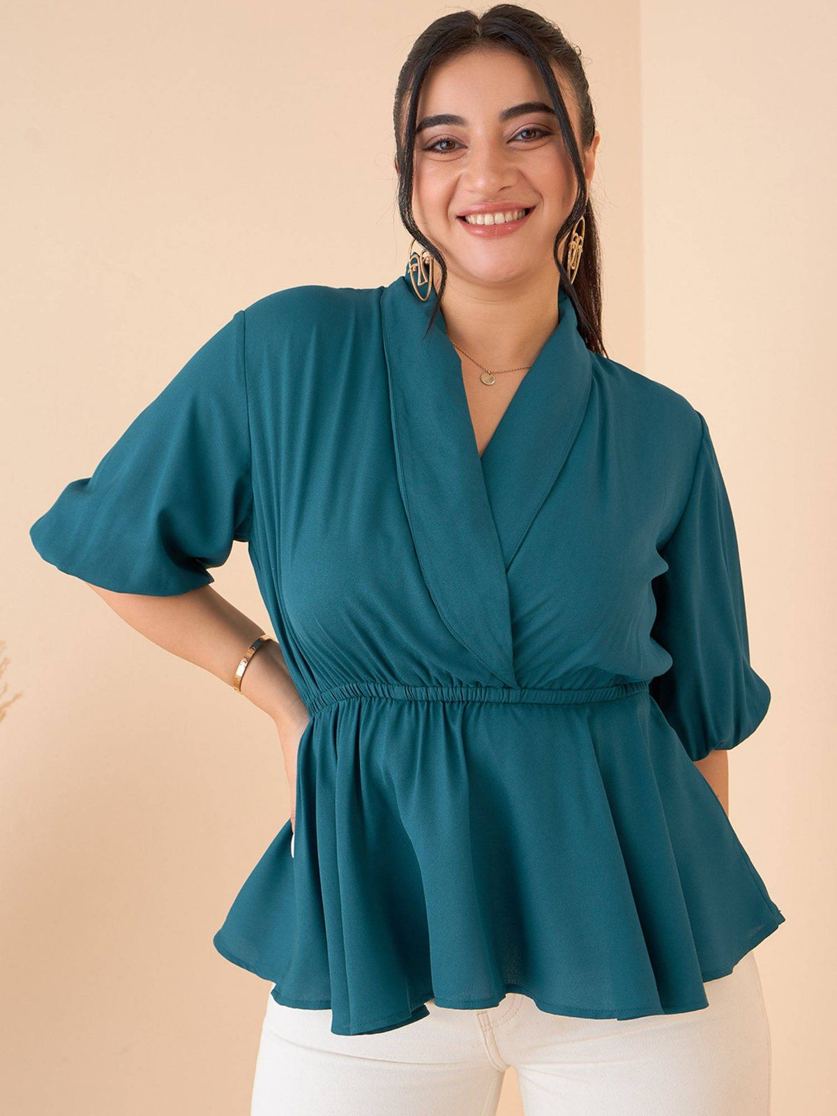 CURVE BY KASSUALLY Women Teal Shawl Collar Front Wrap Peplum Top | pt51 - view 1