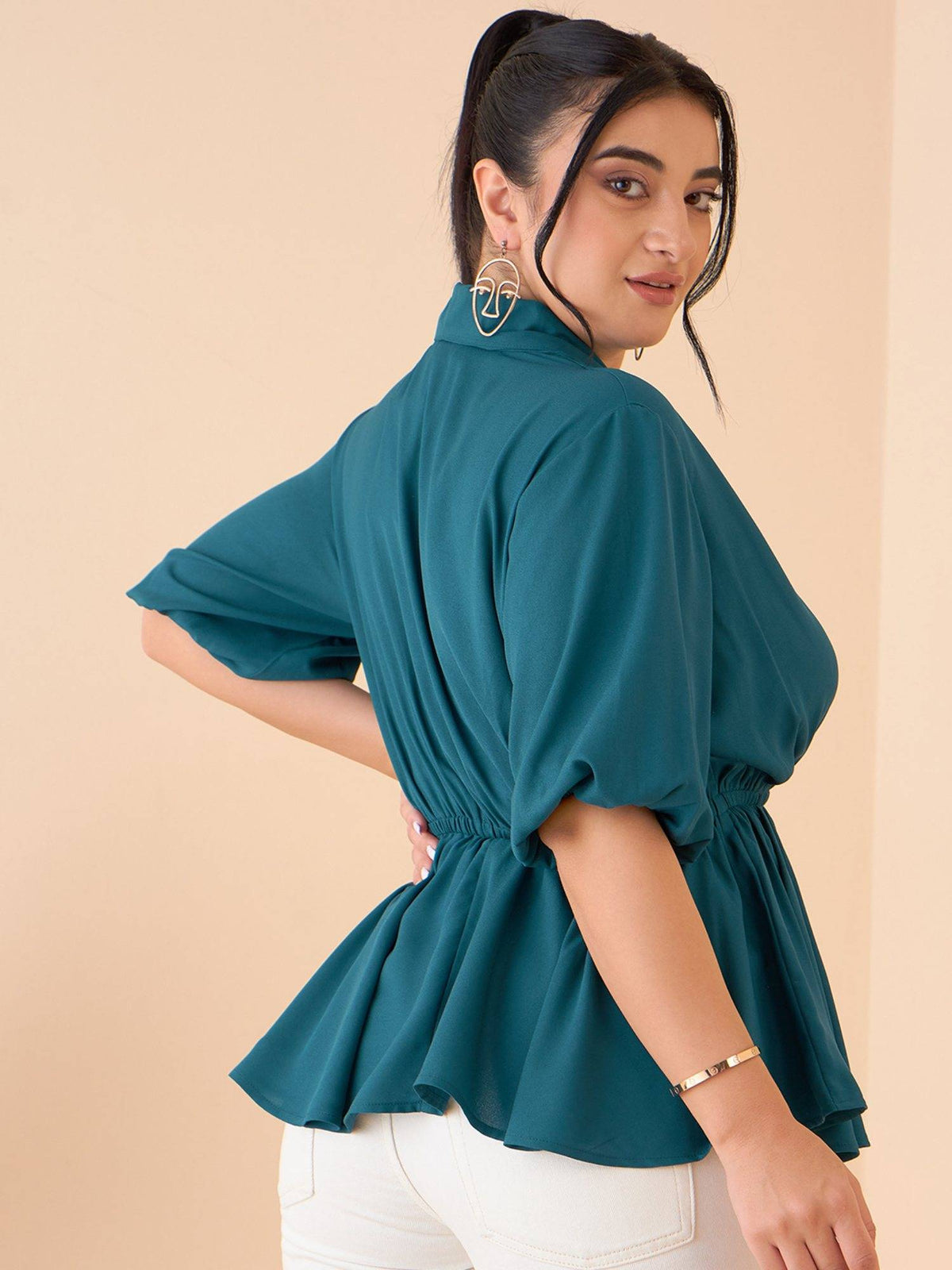 CURVE BY KASSUALLY Women Teal Shawl Collar Front Wrap Peplum Top | pt51 - view 2