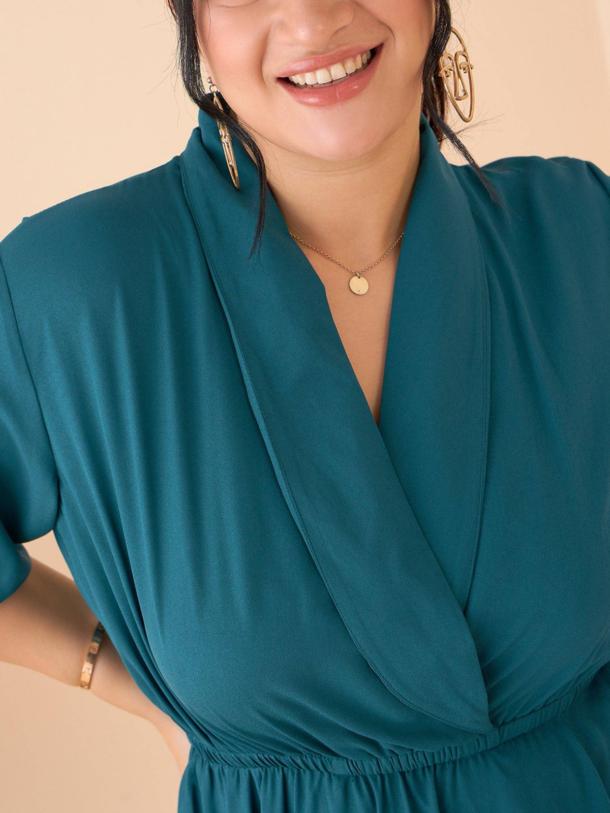 CURVE BY KASSUALLY Women Teal Shawl Collar Front Wrap Peplum Top | pt51 - view 4