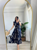 Navy Blue V-Neck Midi Dress with Belt | D56 - view 1
