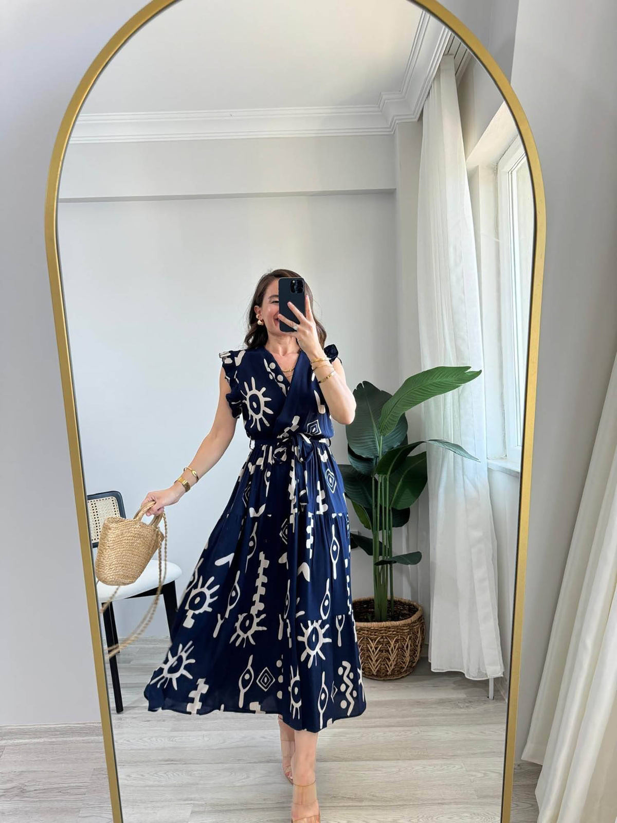 Navy Blue V-Neck Midi Dress with Belt | D56 - view 1