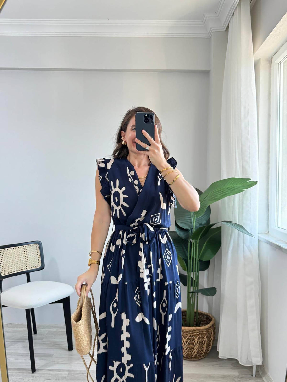 Navy Blue V-Neck Midi Dress with Belt | D56 - view 2