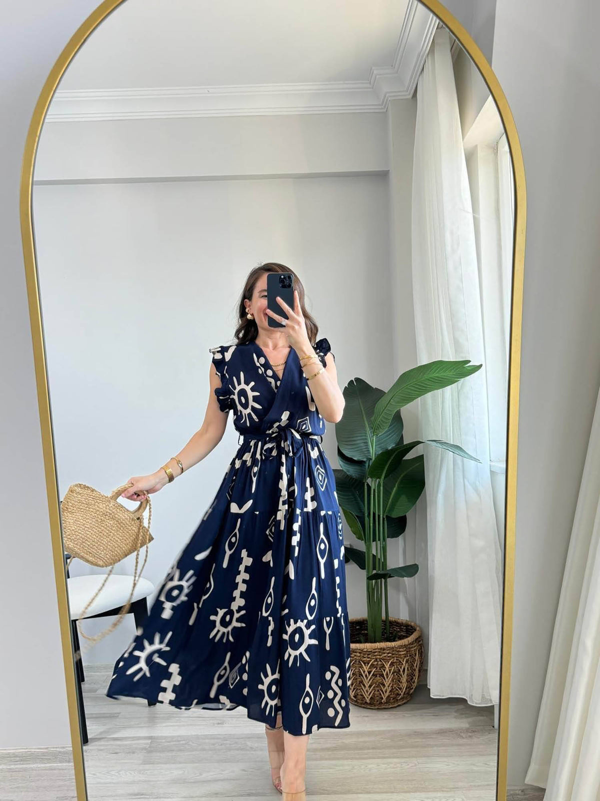 Navy Blue V-Neck Midi Dress with Belt | D56 - view 3