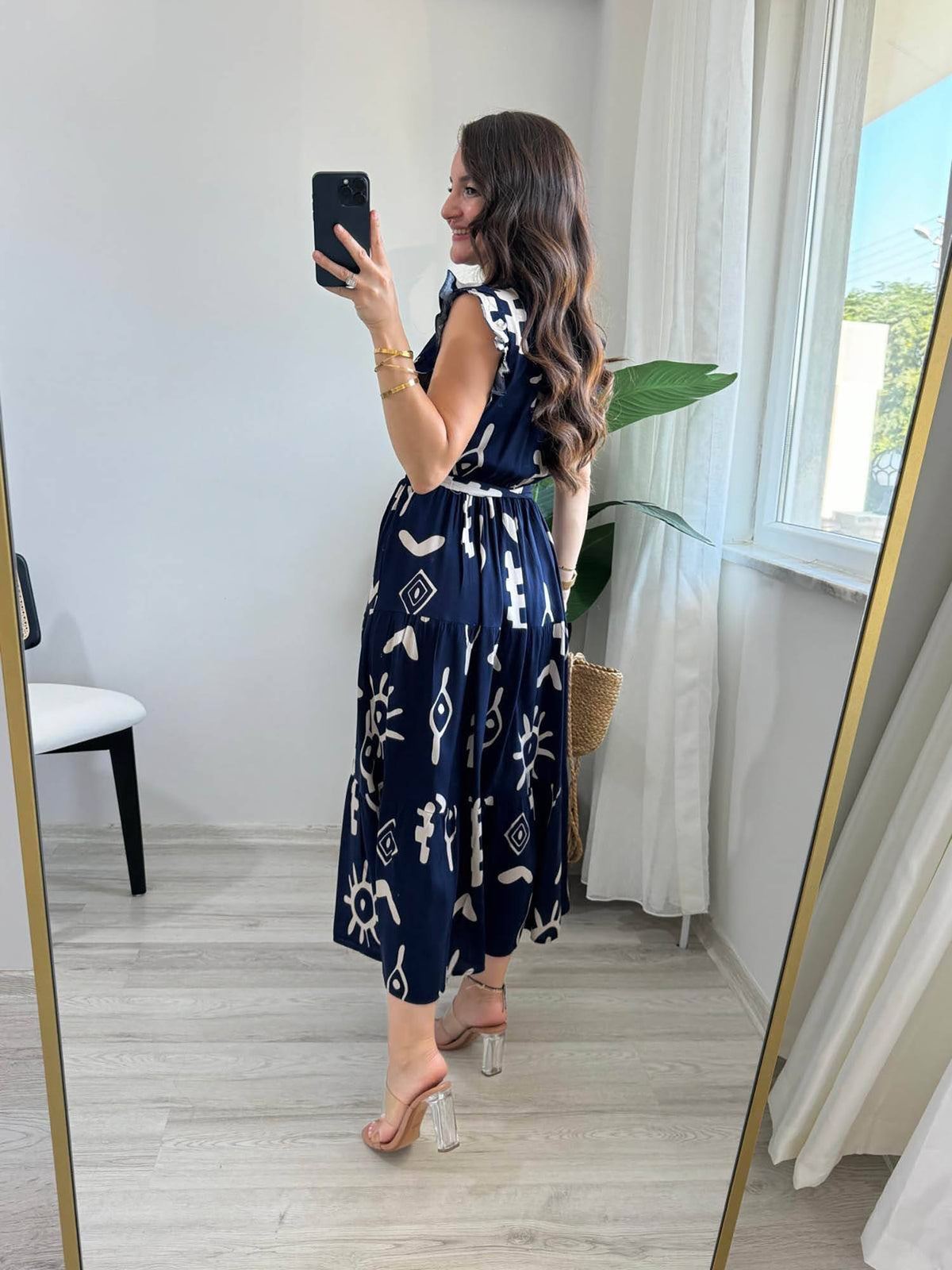 Navy Blue V-Neck Midi Dress with Belt | D56 - view 4