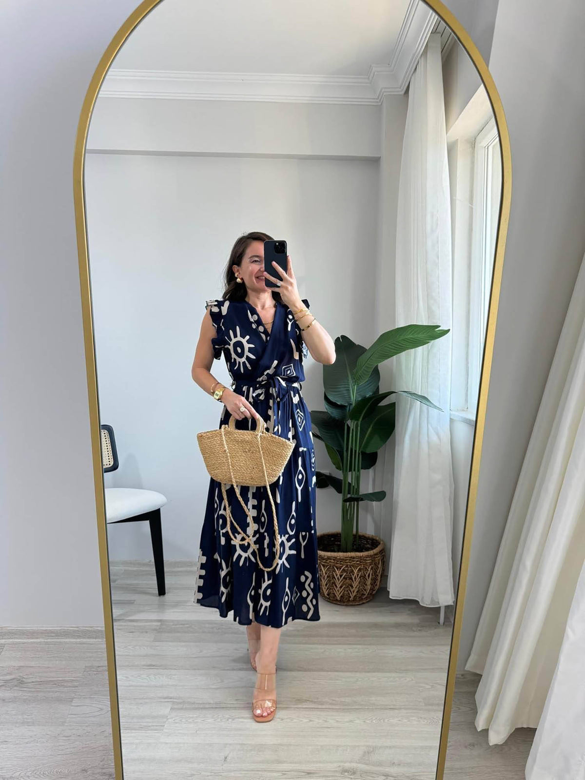 Navy Blue V-Neck Midi Dress with Belt | D56 - view 5