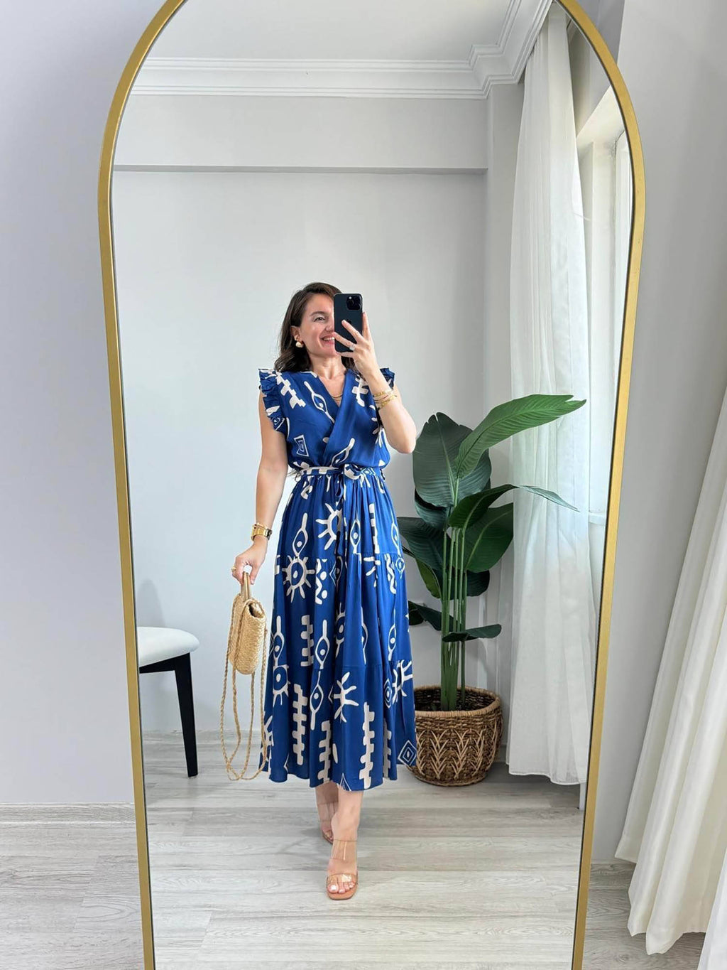 Blue V-Neck Midi Dress with Belt | D56 - view 1