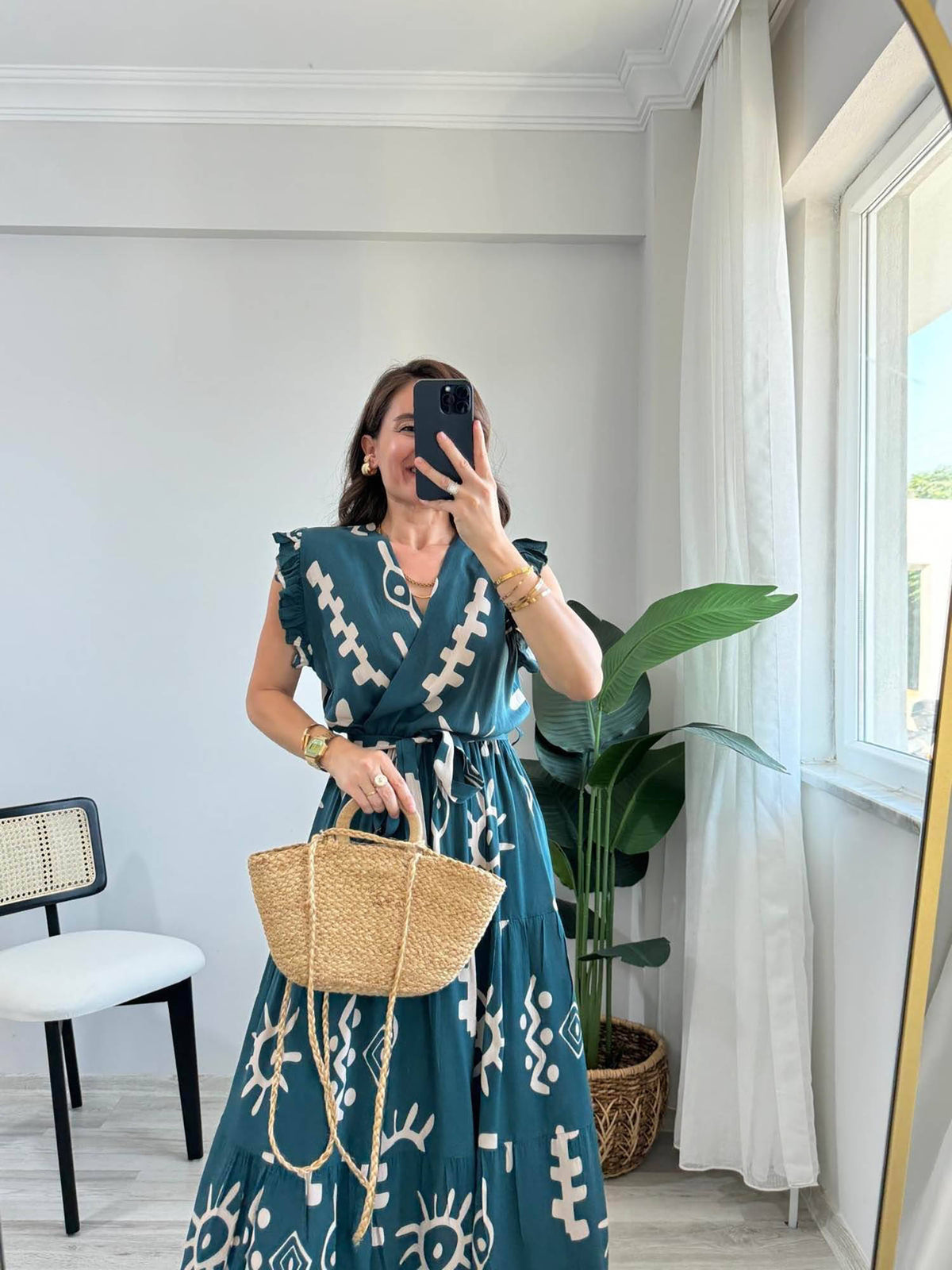 Navy Blue V-Neck Midi Dress with Belt | D56 - view 8