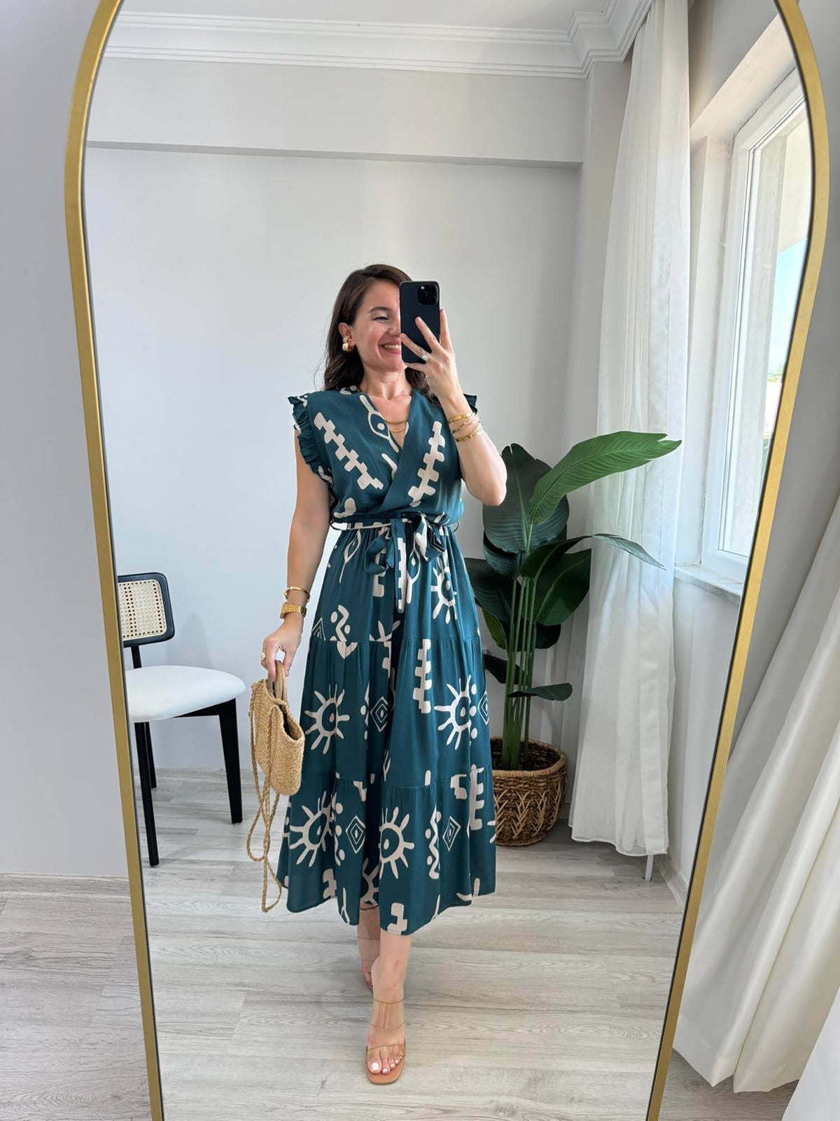 Navy Blue V-Neck Midi Dress with Belt | D56 - view 11