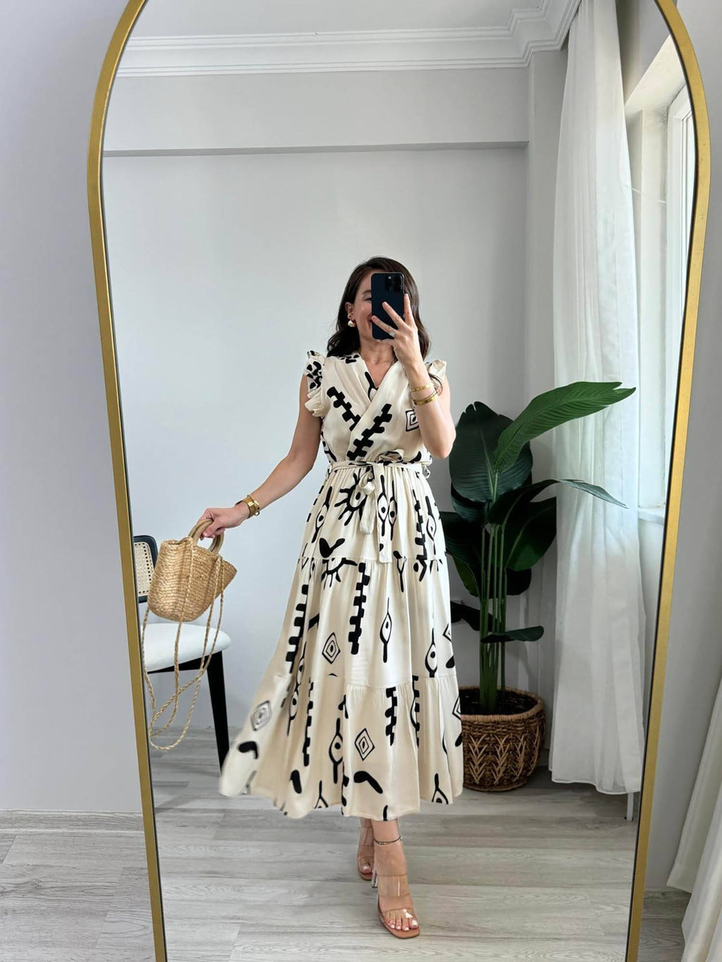 White V-Neck Midi Dress with Belt | D56 - view 2
