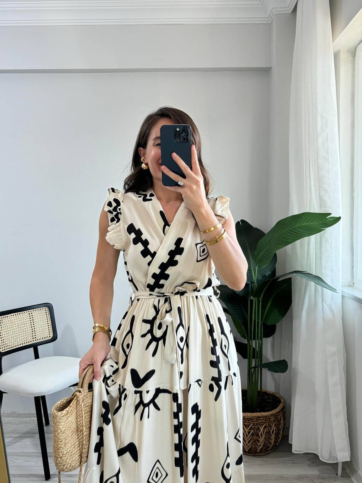 White V-Neck Midi Dress with Belt | D56 - view 5