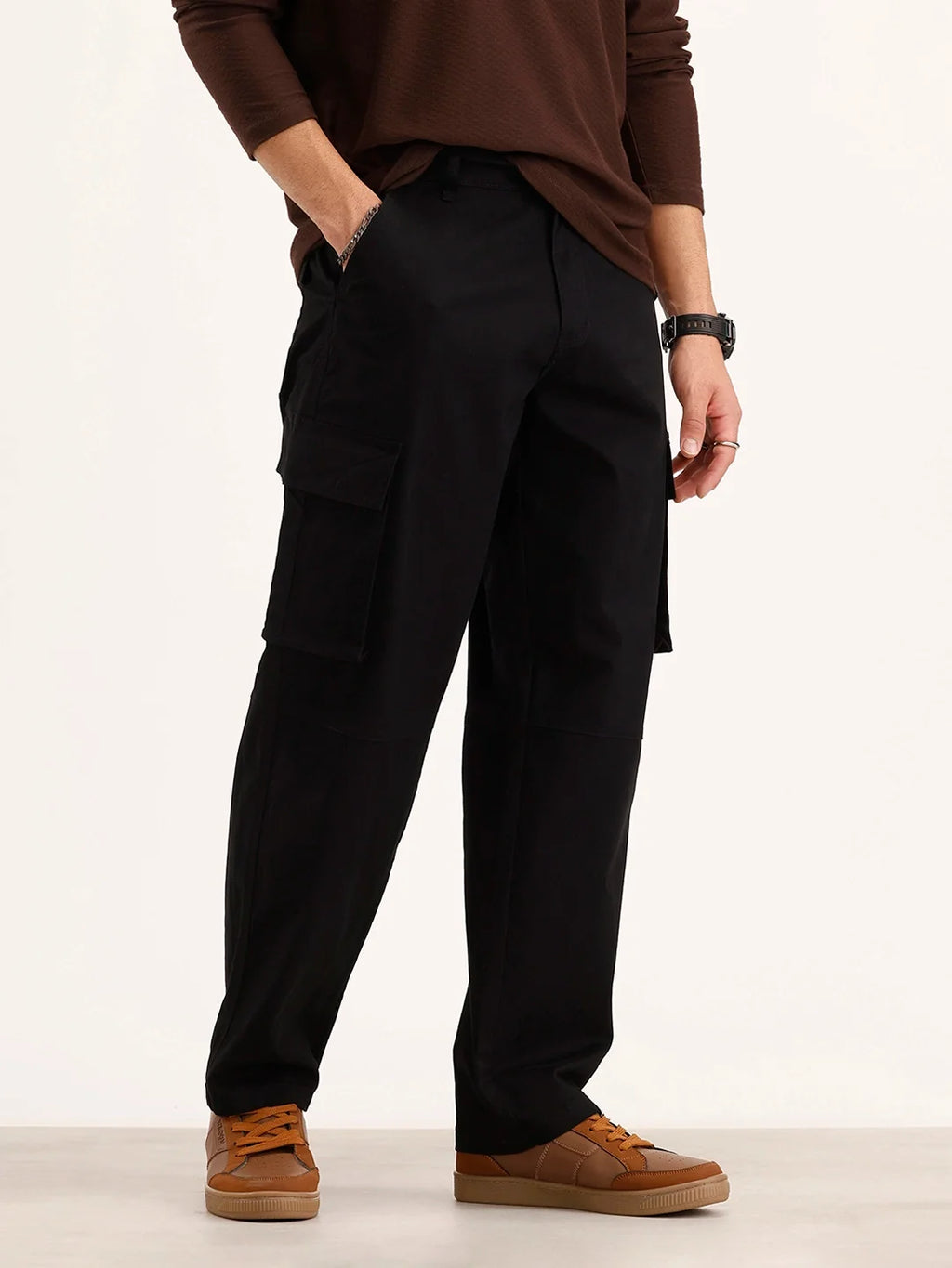 Solid Loose Fit Cargo Trouser | Black