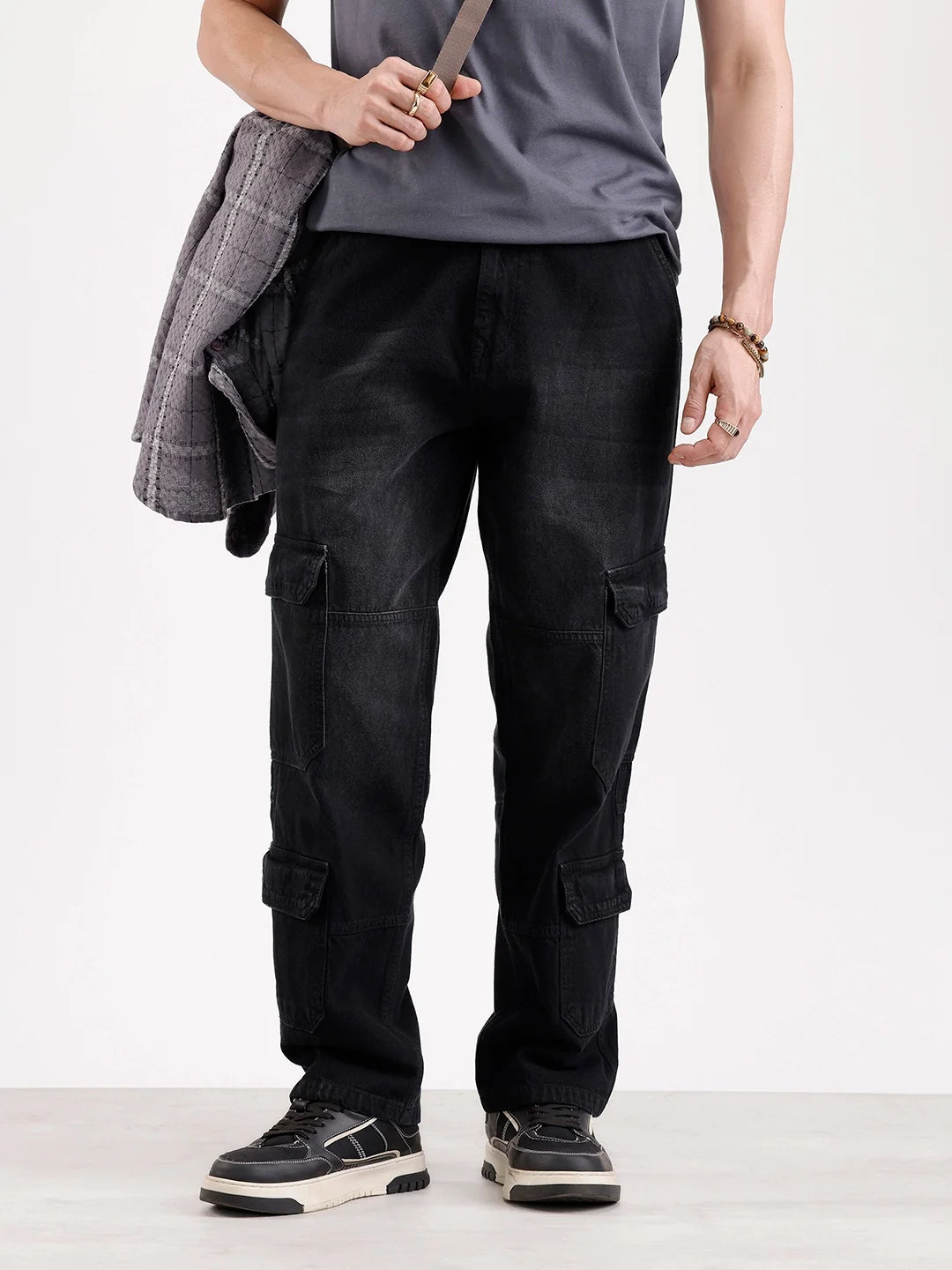 Washed Loose Fit Cargo Denim | Grey