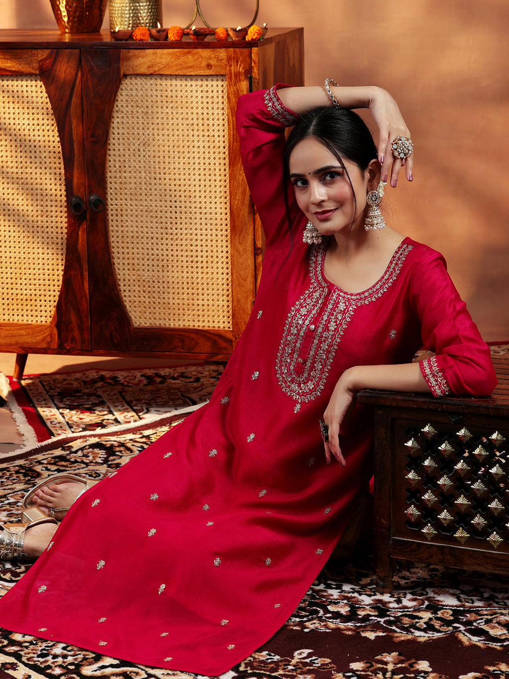 Libas Red Embroidered Silk Straight Kurta