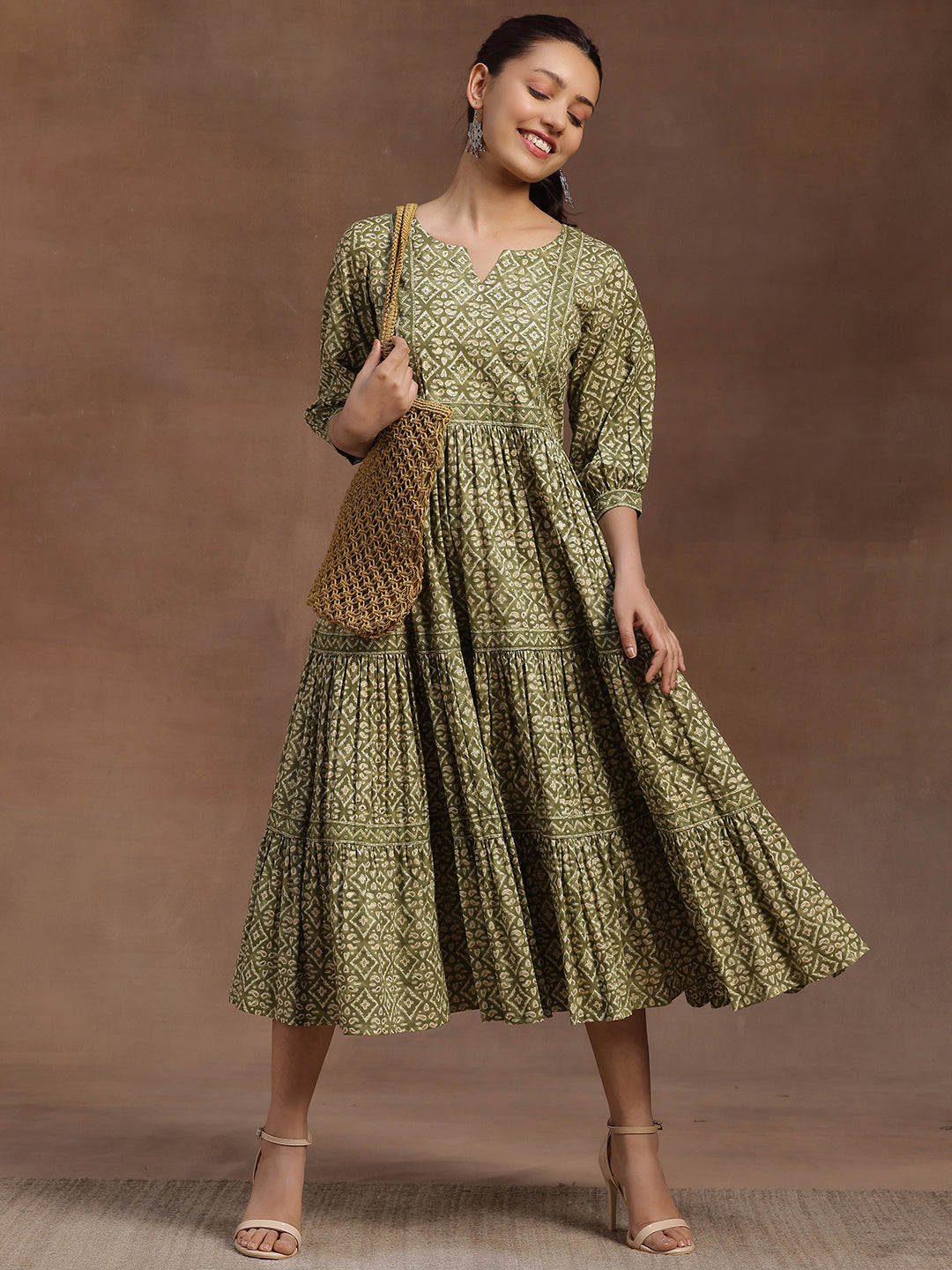 Libas Green Printed Cotton A-Line Dress