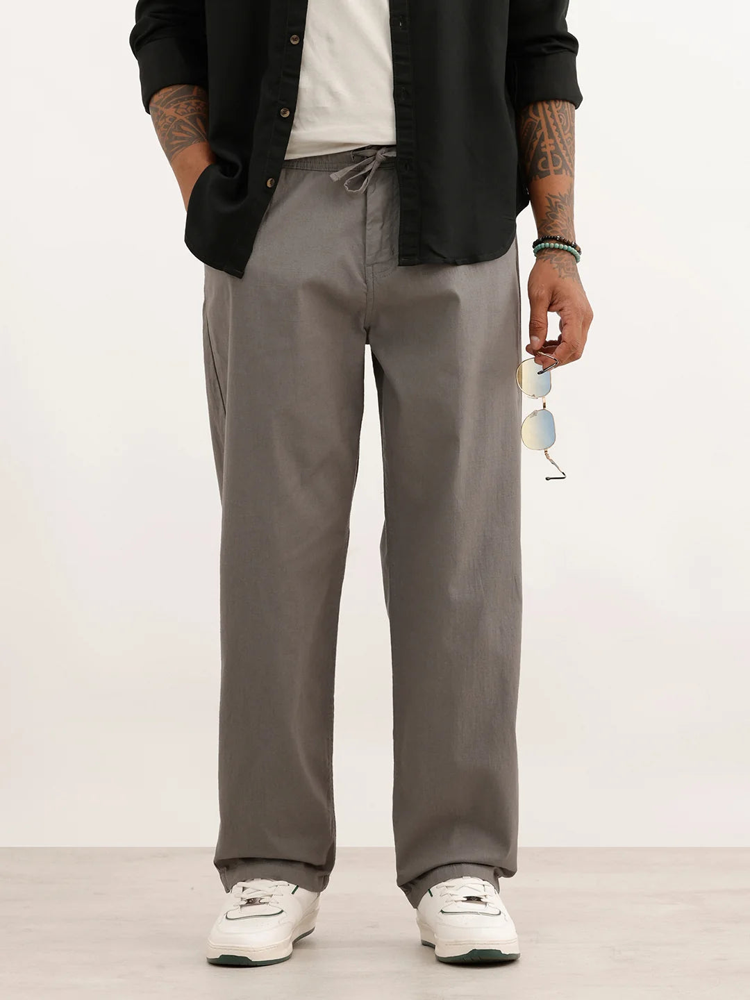 Solid Loose Fit Drawstring Trouser | Grey