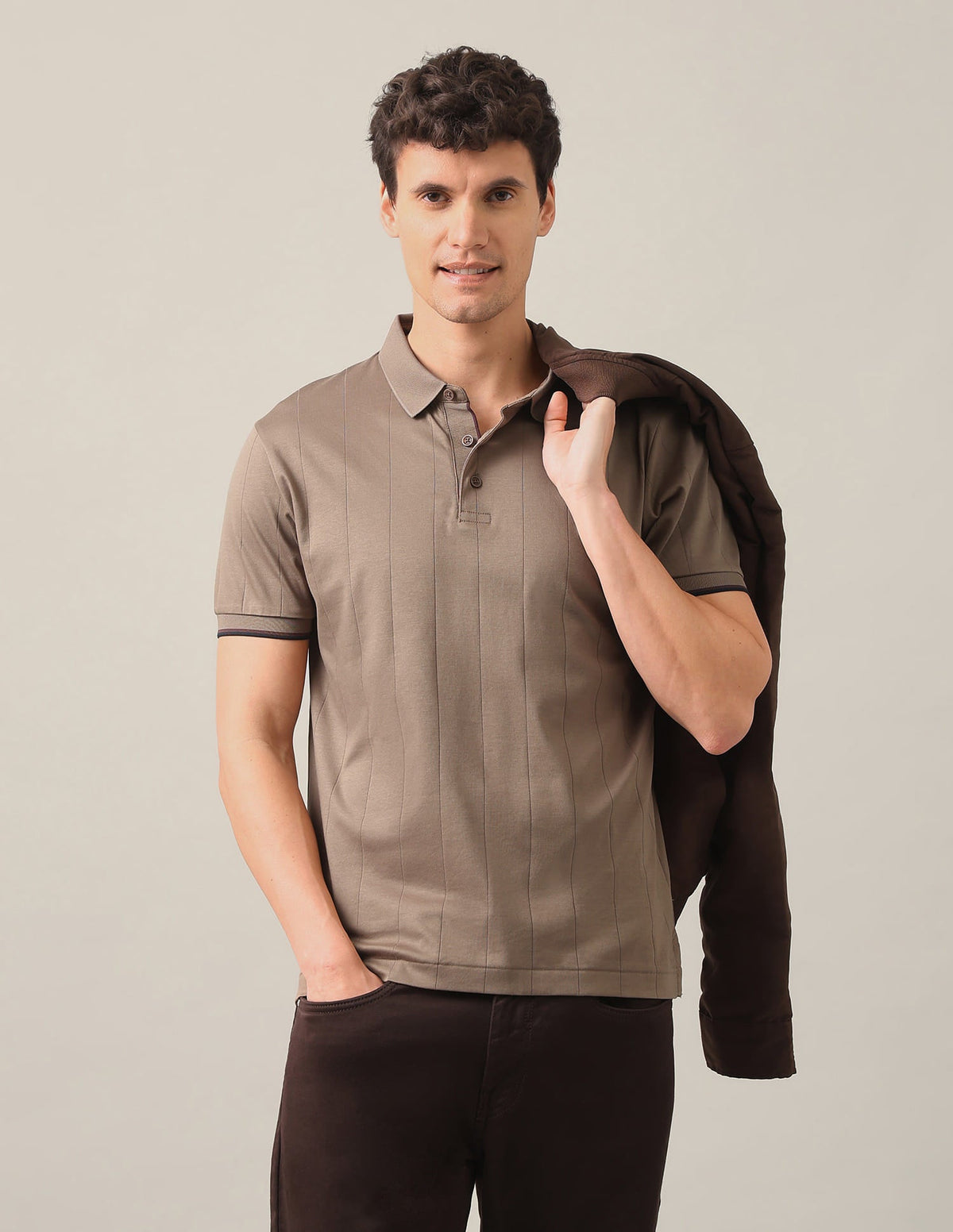 Vertical Striped Patterned Knit Slim Fit Polo Shirt USP0