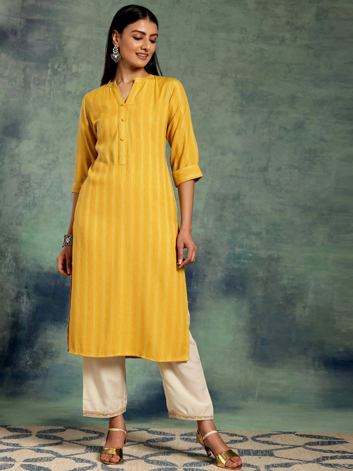 Gerua Yellow Woven Design Rayon Straight Kurta