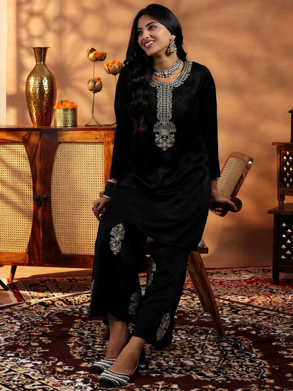 Libas Black Embroidered Velvet Co-Ords CO87