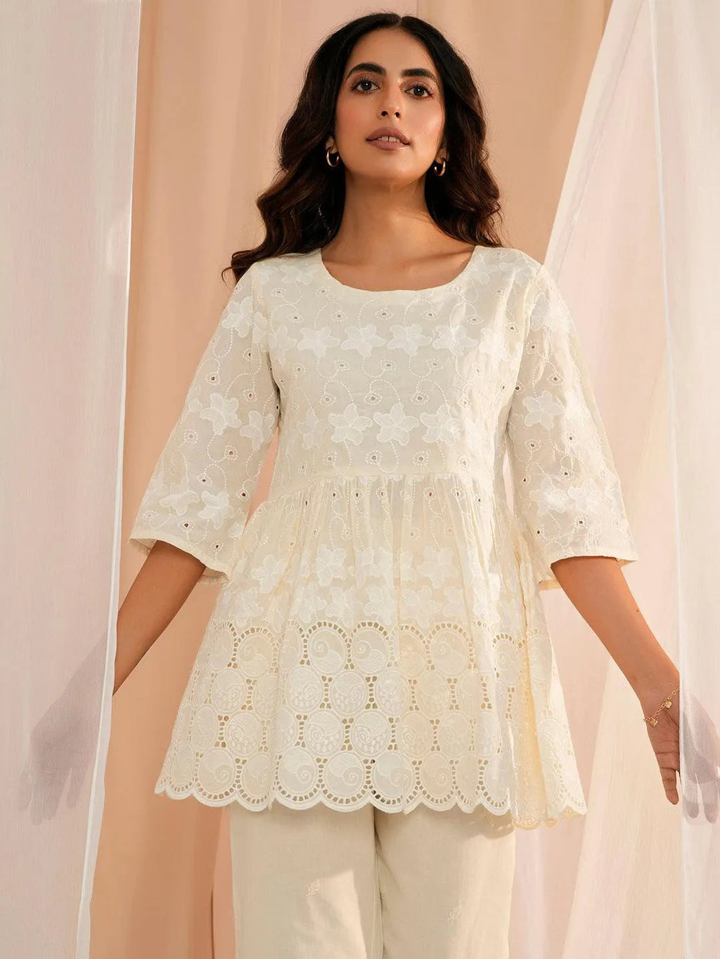 Libas Zoya Off White Embroidered Cotton A-Line Kurti P23