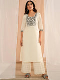 Libas Off White Yoke Design Cotton Straight Kurta