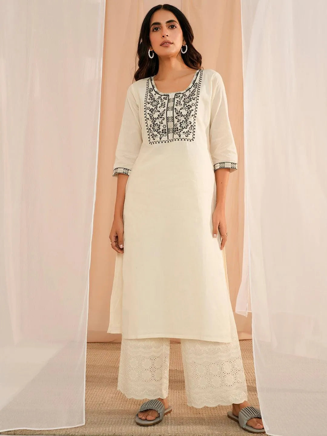 Libas Off White Yoke Design Cotton Straight Kurta