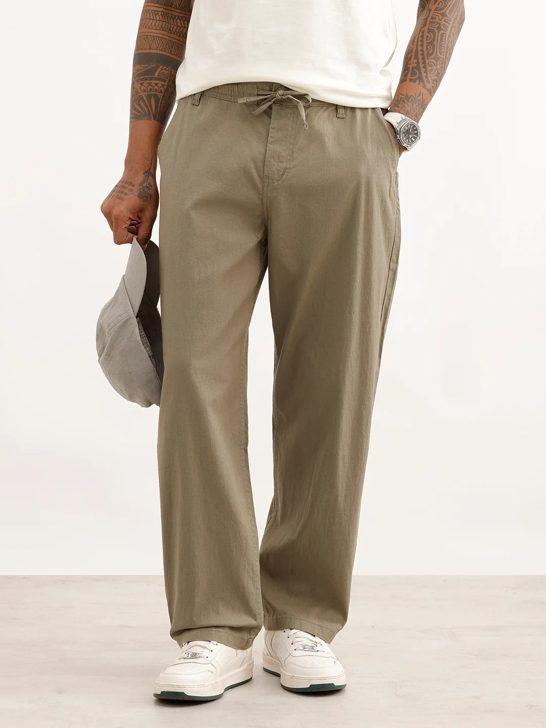 Solid Textured Loose Fit Trouser | Olive