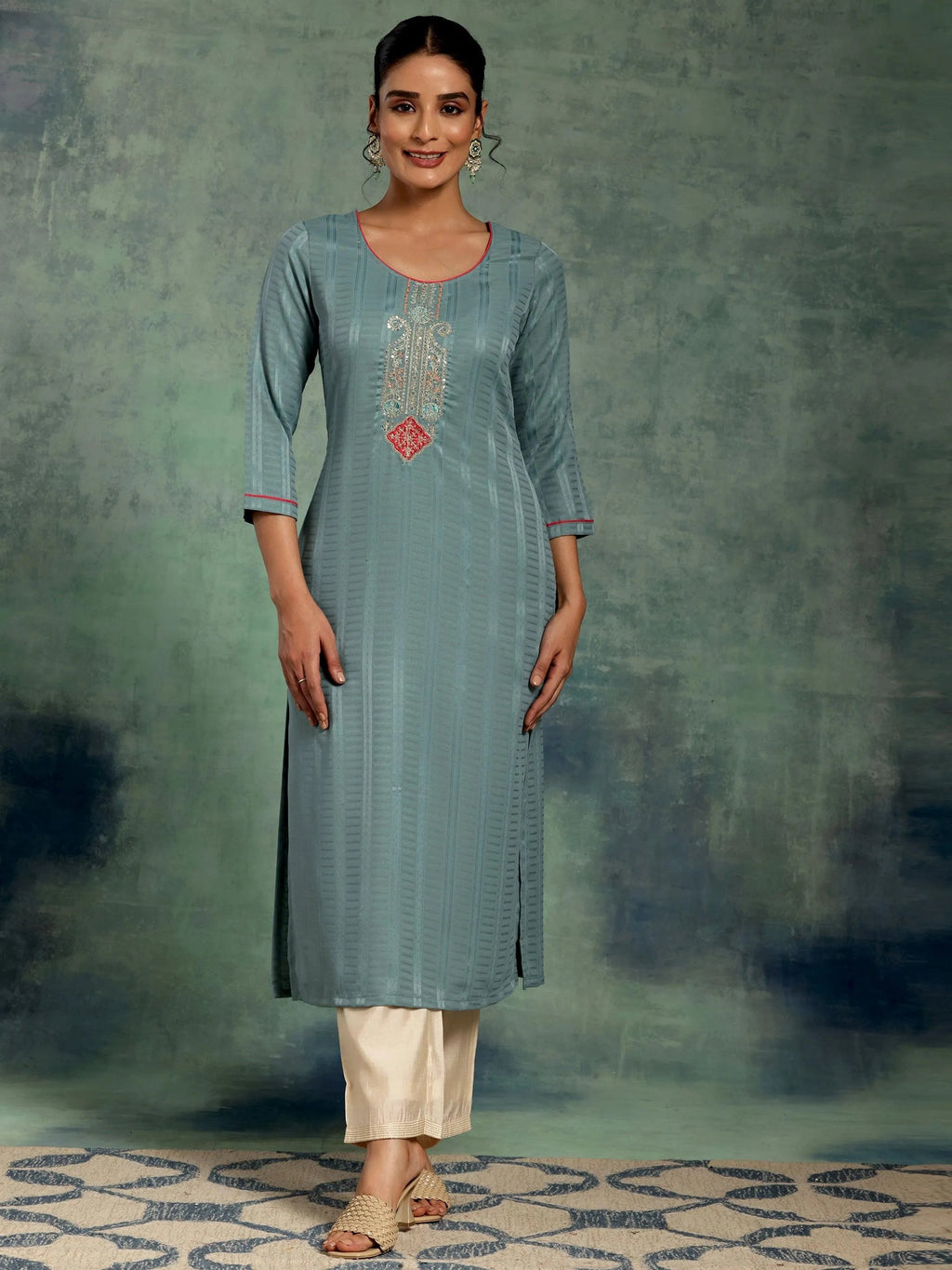 Libas Blue Yoke Design Silk Straight Kurta