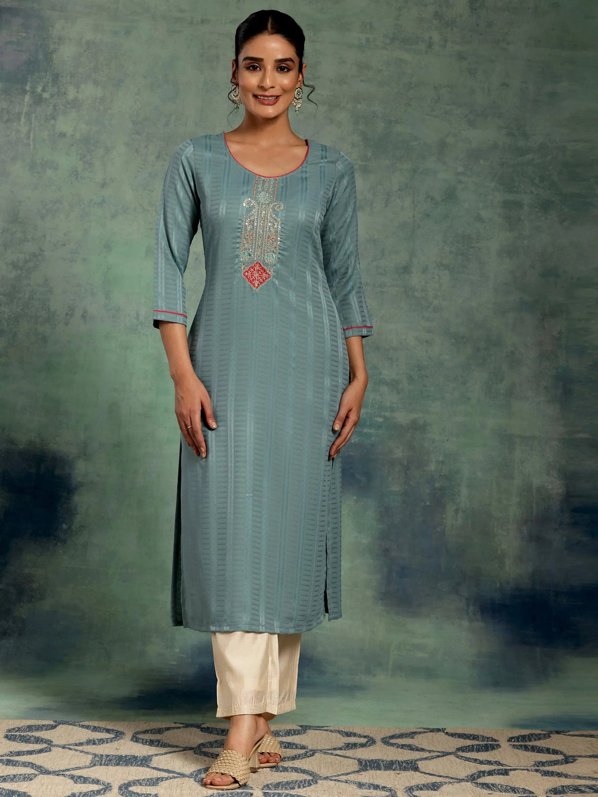 Libas Blue Yoke Design Silk Straight Kurta