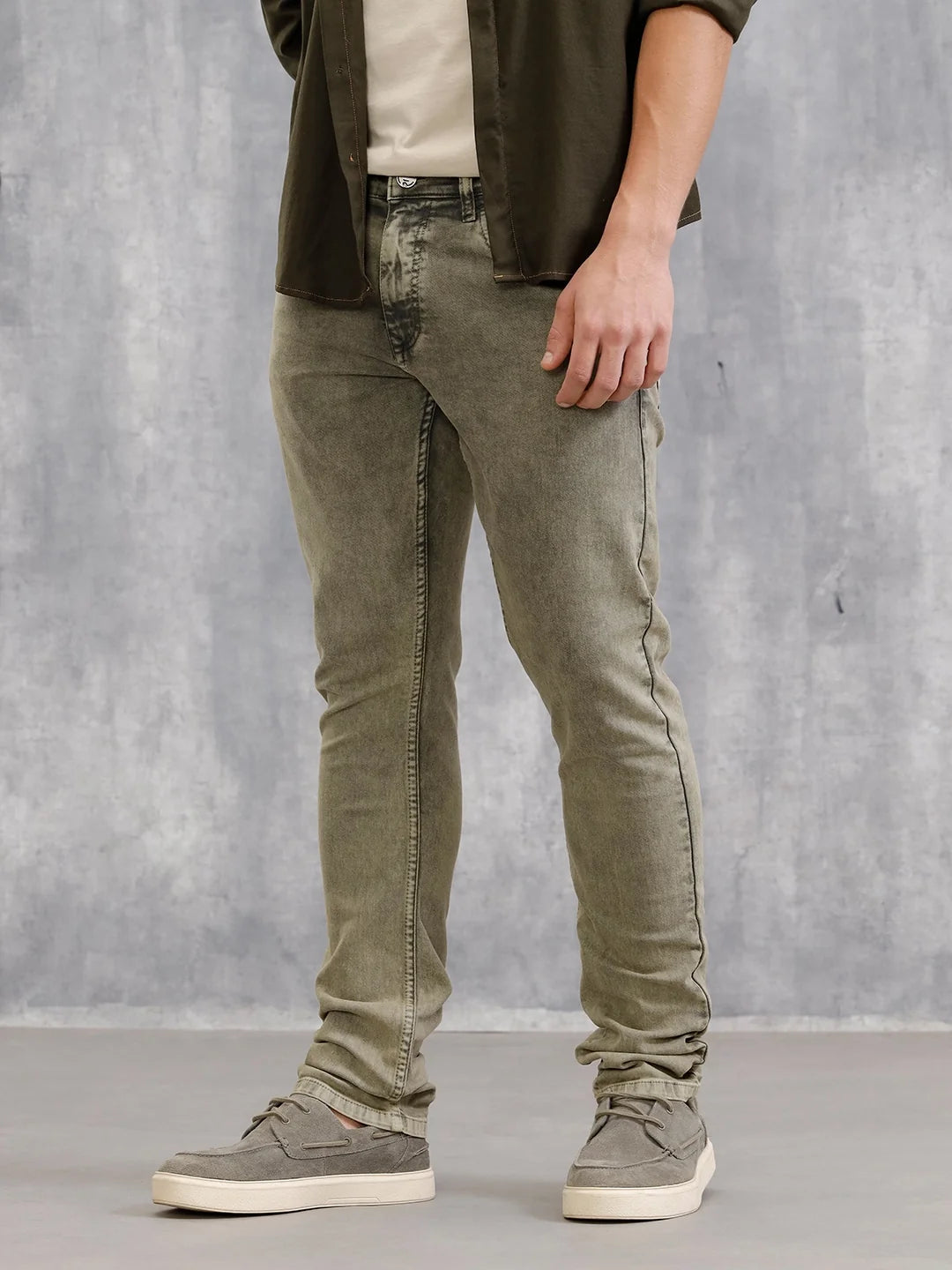 Retro Wash Overdyed Slim Fit Jeans | Olive