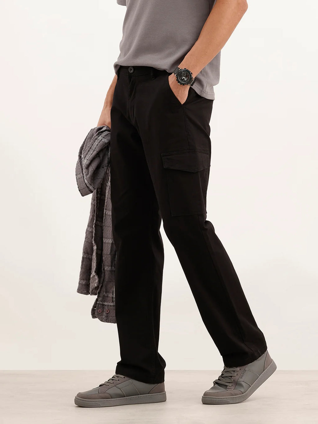 Solid Straight Fit Cargo Trouser | Black