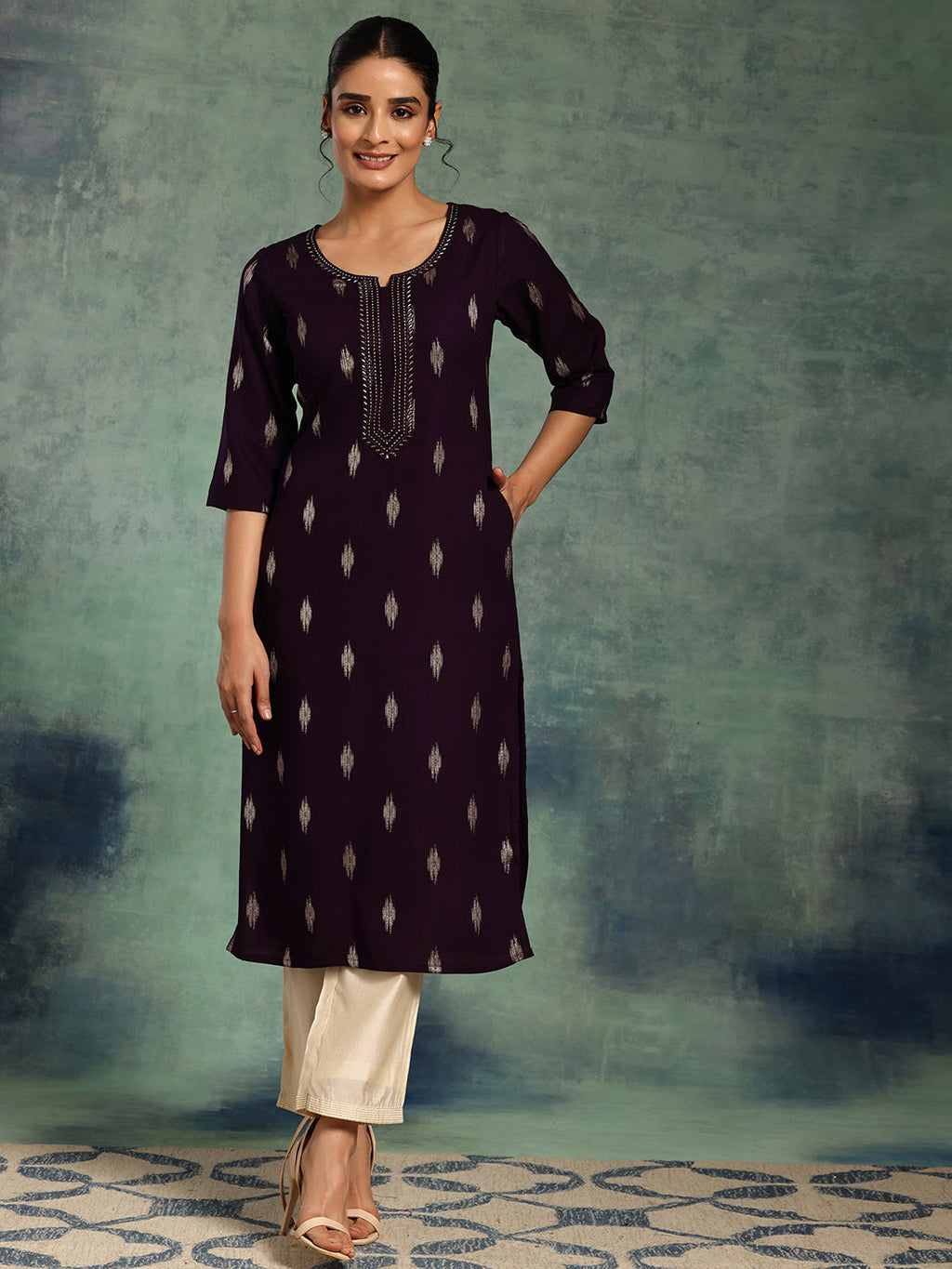 Libas Purple Woven Design Rayon Straight Kurta