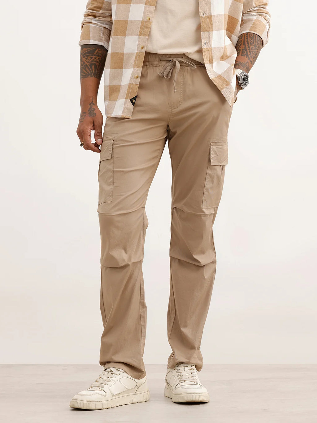 Solid Straight Fit Cargo Trouser | Khaki