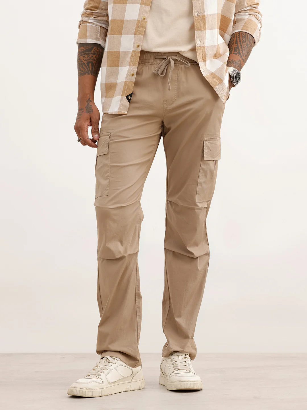 Solid Straight Fit Cargo Trouser | Khaki