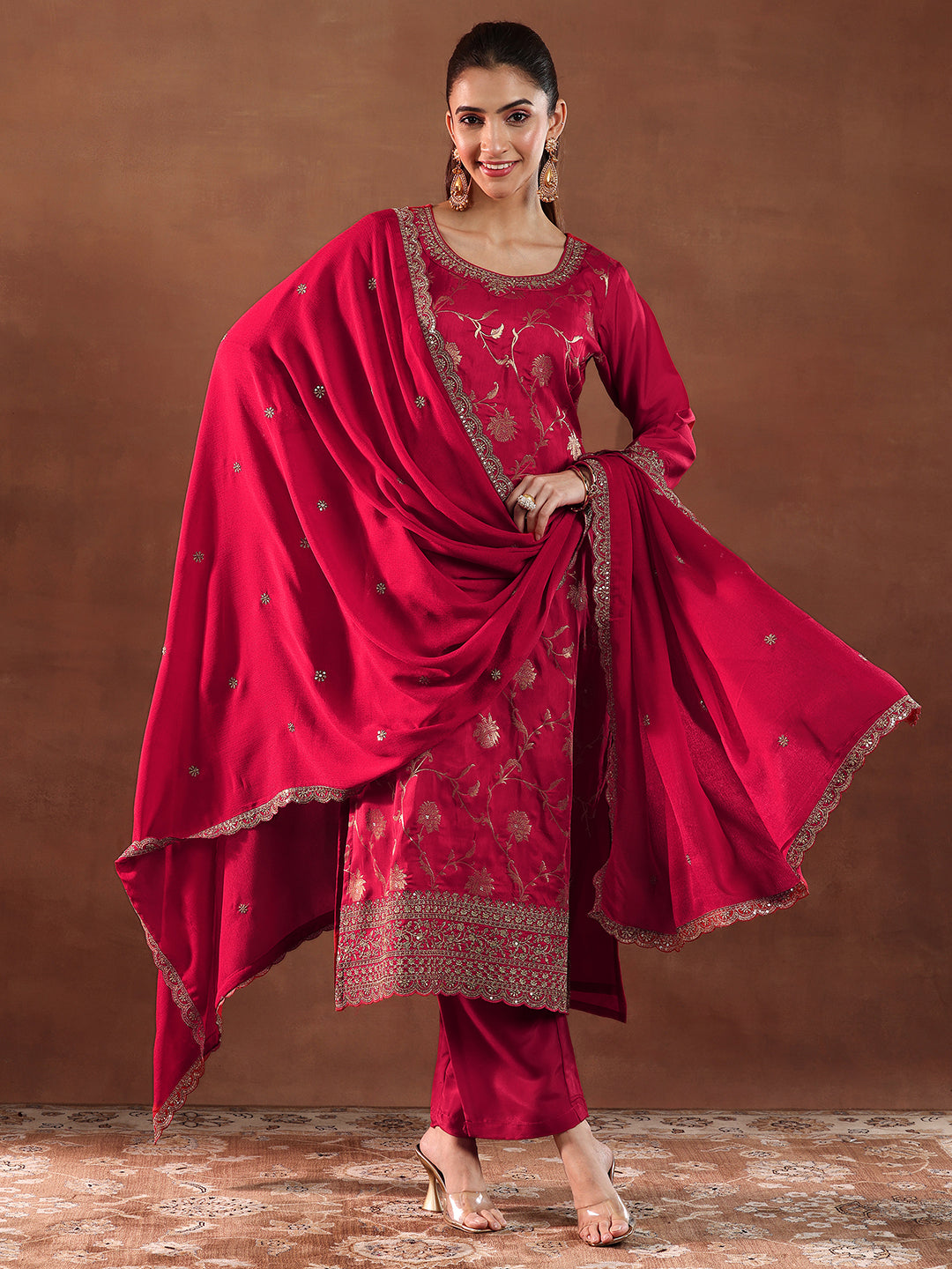 Libas Red Woven Design Silk Blend Straight Suit With Dupatta