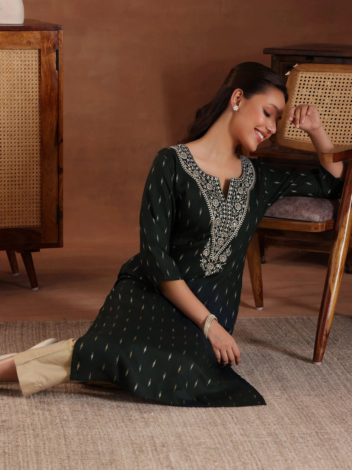 Gerua Green Woven Design Cotton Blend Straight Kurta