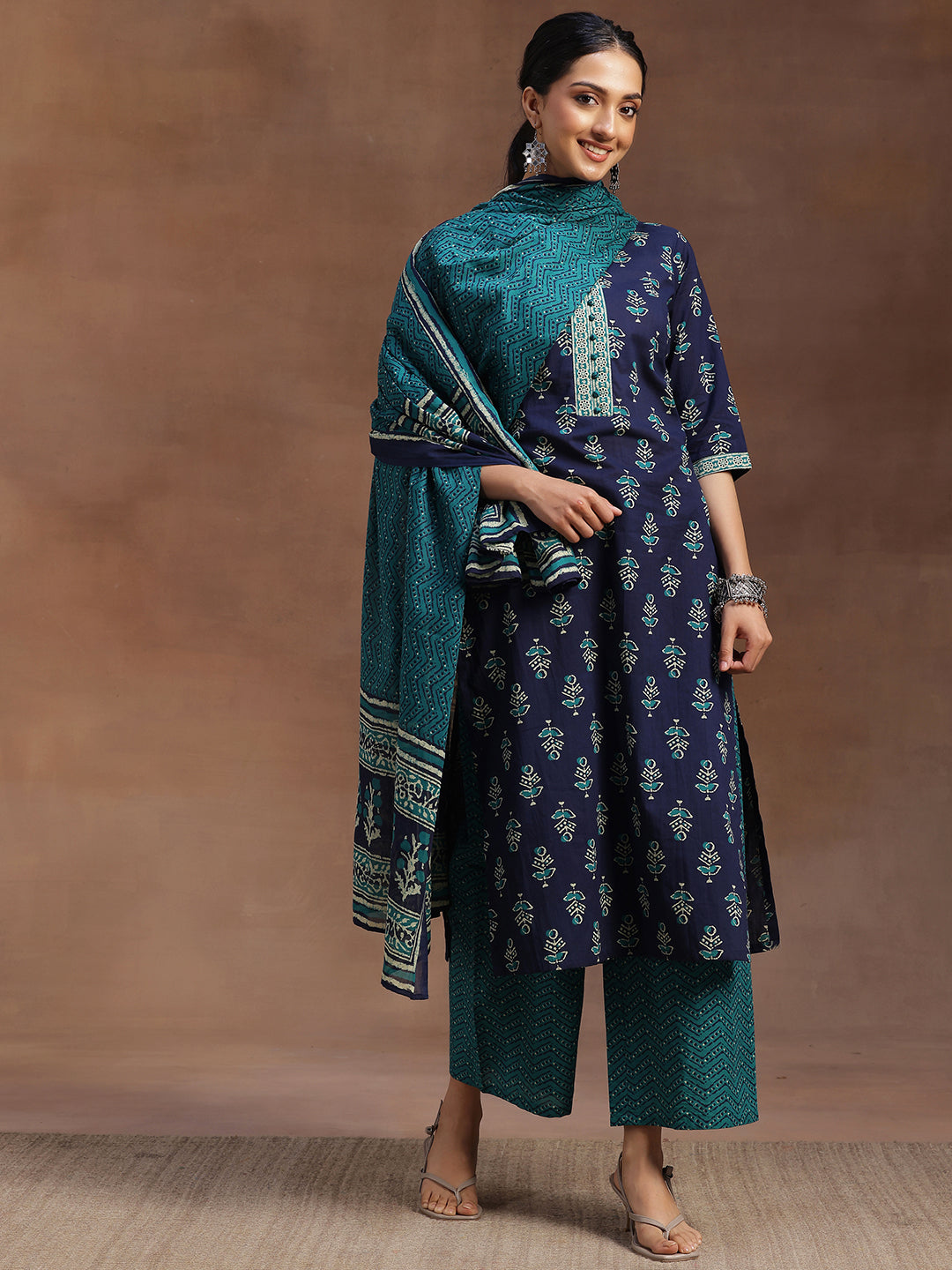 Libas Blue Printed Cotton Straight Suit With Dupatta