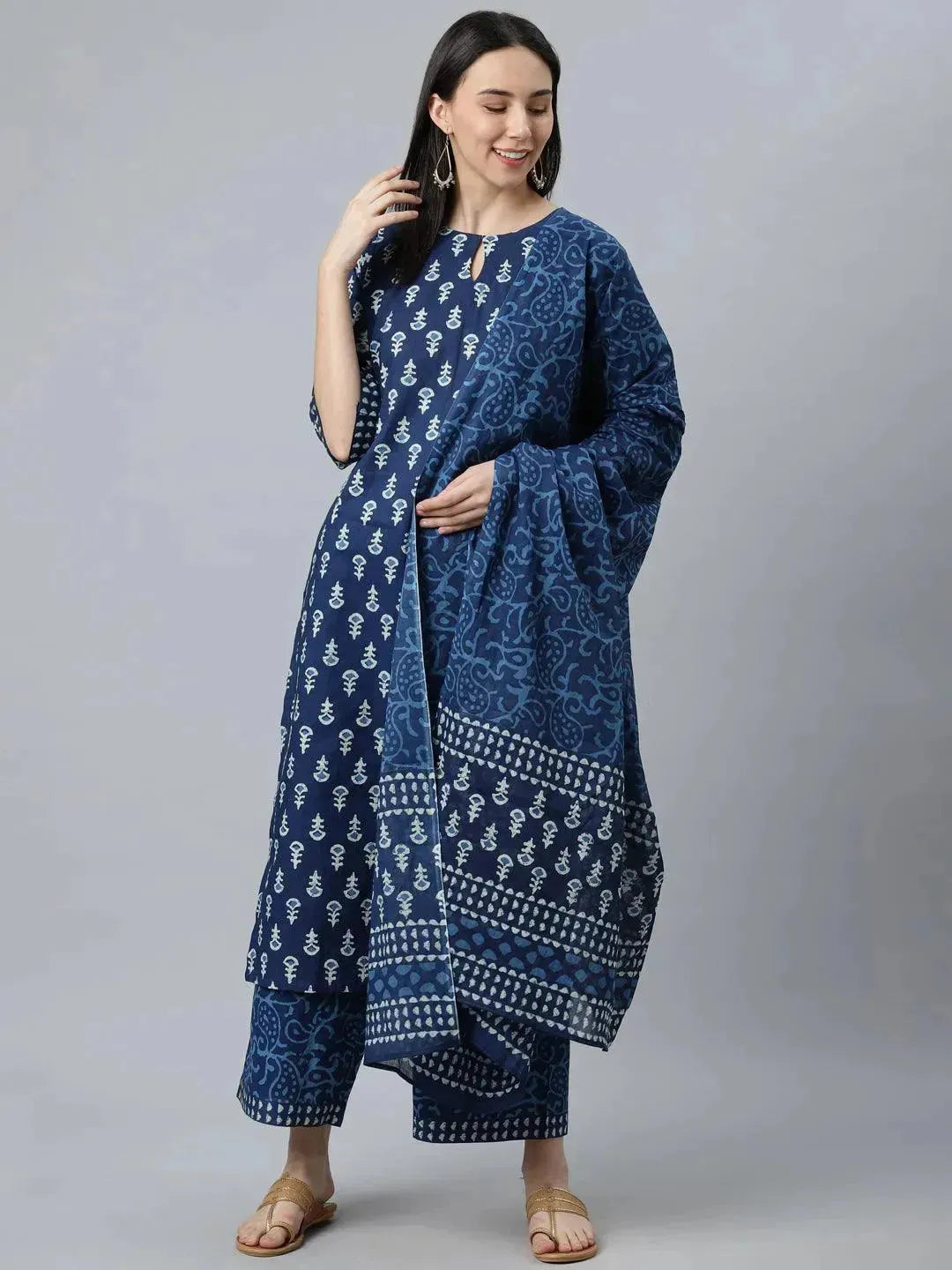 Libas Blue Printed Cotton Straight Suit Set With Dupatta