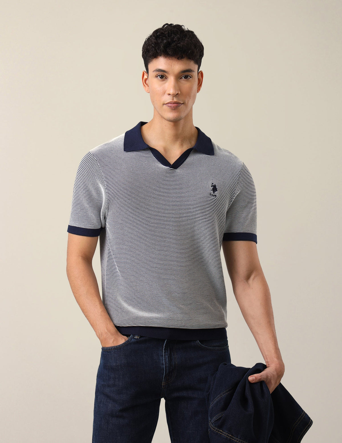 Horizontal Striped Patterned Knit Slim Fit Polo Shirt USP0