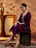 Libas Burgundy Embroidered Silk Straight Kurta
