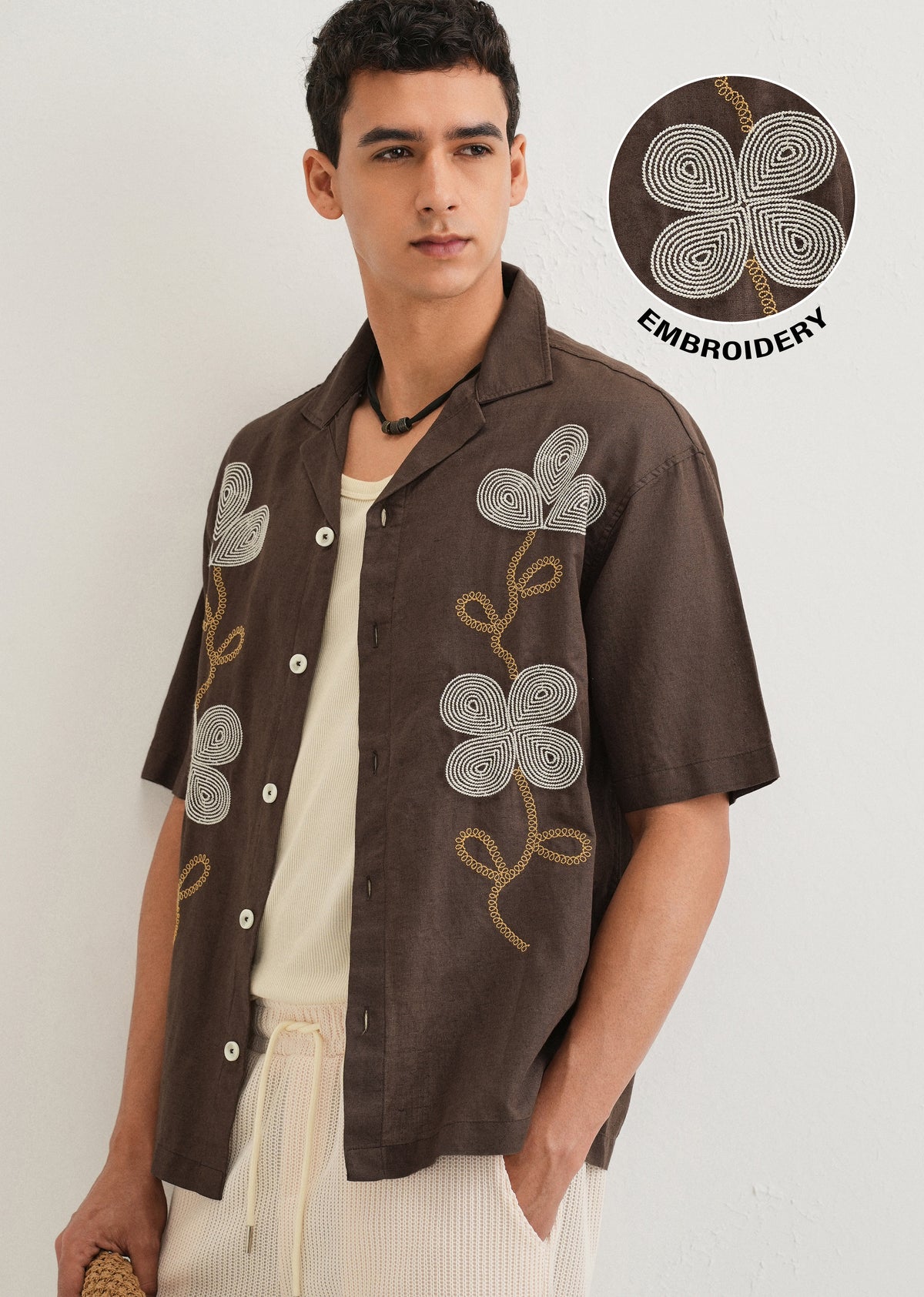Coffee Brown Embroidery Cuban Collar Shirt