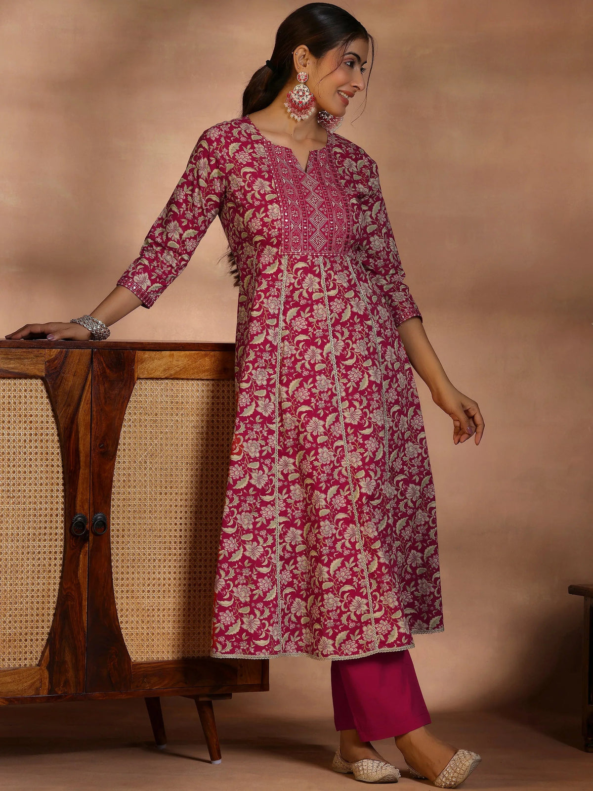 Libas Pink Printed Cotton Anarkali Kurta Set