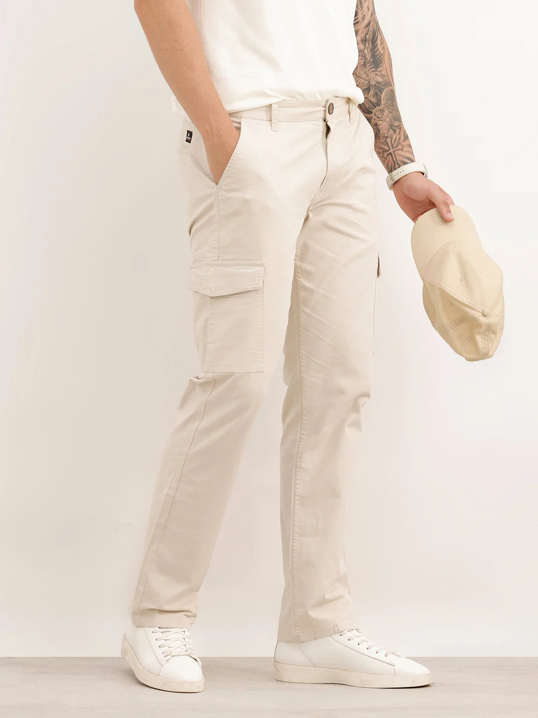 Solid Straight Fit Cargo Trouser | Beige